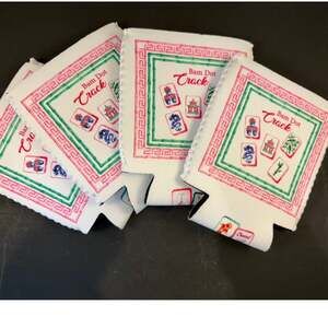 Set of 4 Mahjong Slim Can Coolers Pink Green Bam Dot Crack Drink Sleeves